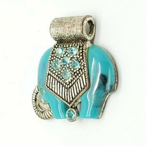 Brass Elephant Turquoise Cz Stone Blue Pendant